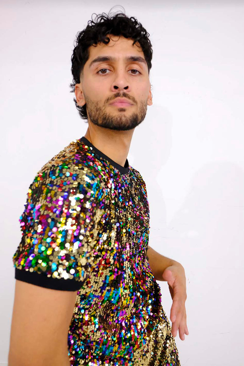 MENS RAINBOW GOLD SEQUIN T SHIRT Sparklebutt