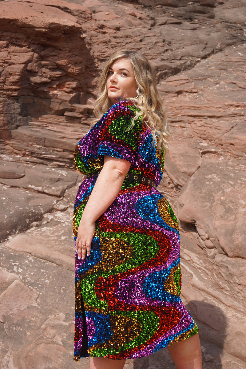 multicolor plus size sequin dress Xpluswear Design Plus Size Gold Party Reflective Sequin Batwing Sleeves One Shoulder Mini Dress