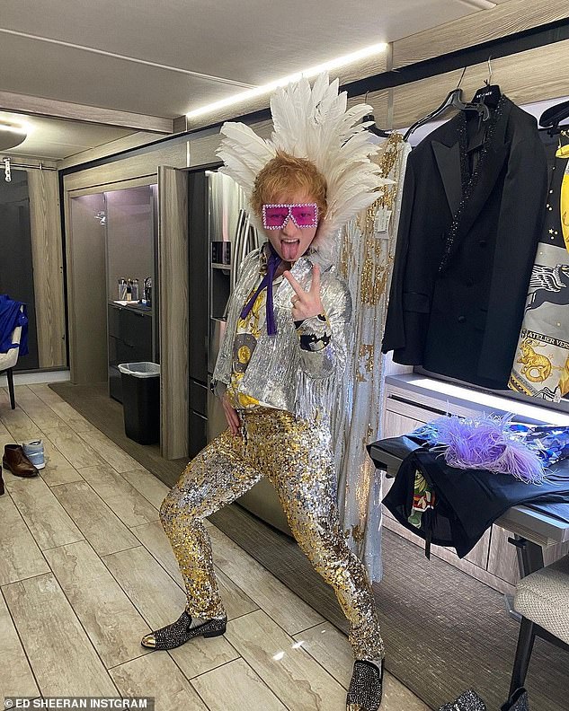 Ed Sheeran wearing Elton John Sequin Pants