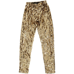 Gender neutral gold sequin pants to be worn as part of a festival outfit or stage costume